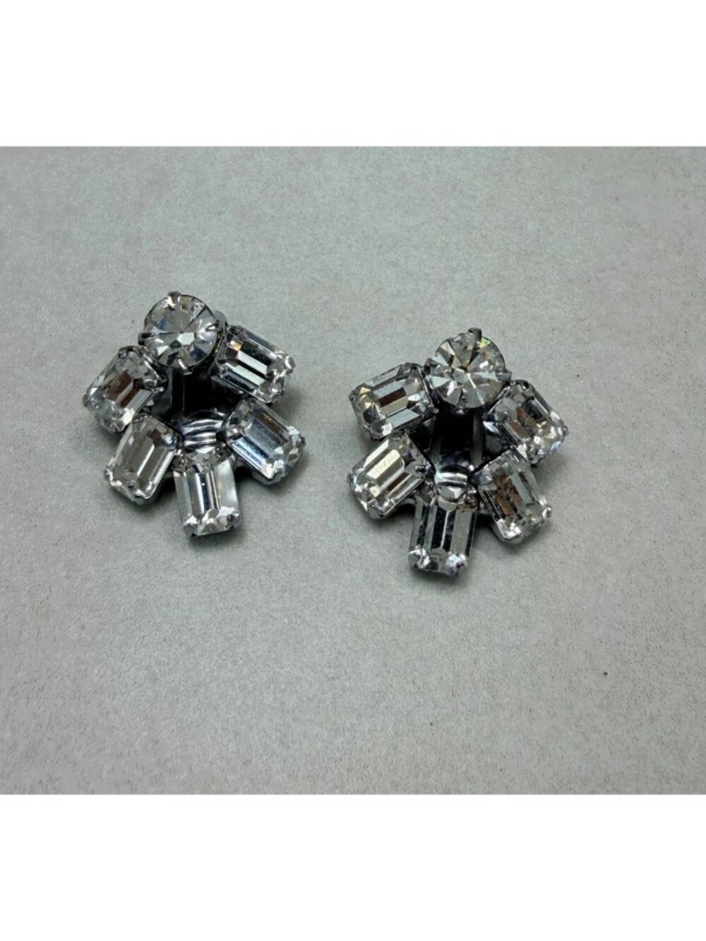 Vintage Made In  Austria Crystal Clip On Earrings Clear Rhinestone Statement